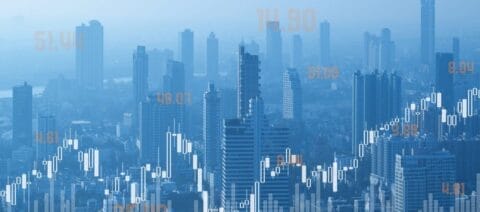 Financial city landscape against a pale blue background with bar charts at the bottom and currencies as watermark.