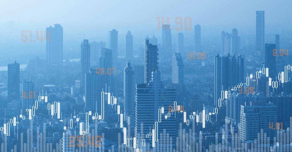 Financial city landscape against a pale blue background with bar charts at the bottom and currencies as watermark.
