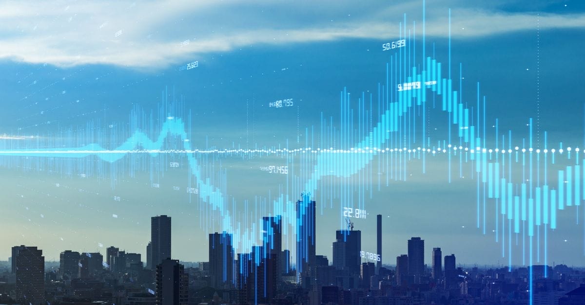 Financial skyline across which a screen of data lines is shown across the blue sky.