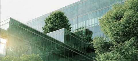 Glass buildings with trees