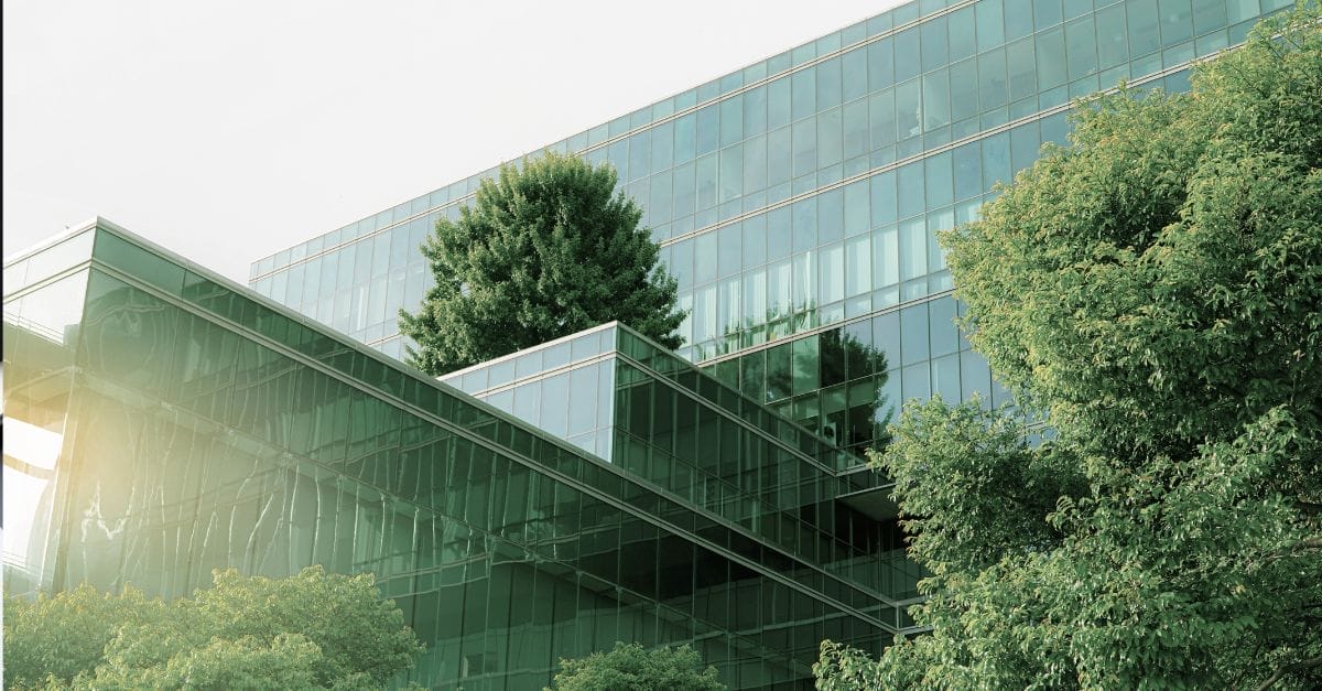 Glass buildings with trees