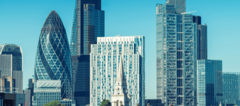 Skyline of the financial city of London with the iconic Gerkhin in the middle.