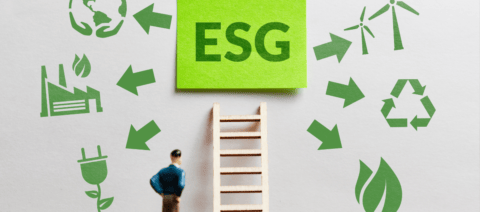 A wooden ladder leaning against a wall. On top of it, a large green post-it with ESG written on it, green arrows pointed outwards to various different icons relating to the climate. A man stands pondering, hands on hips, thinking about this.