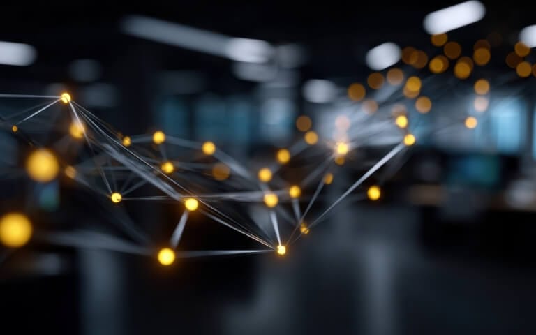 Data Hub Digital Network Visualization with Glowing Data Nodes and Connections in a Modern Tech Environment