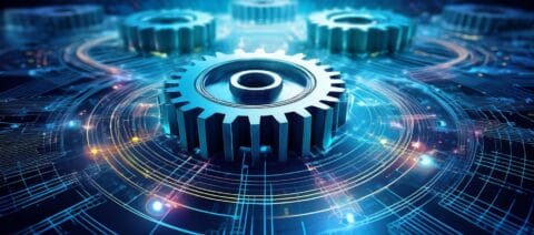 symbolic representation of mergers and acquisitions with interlocking gears in a digital network